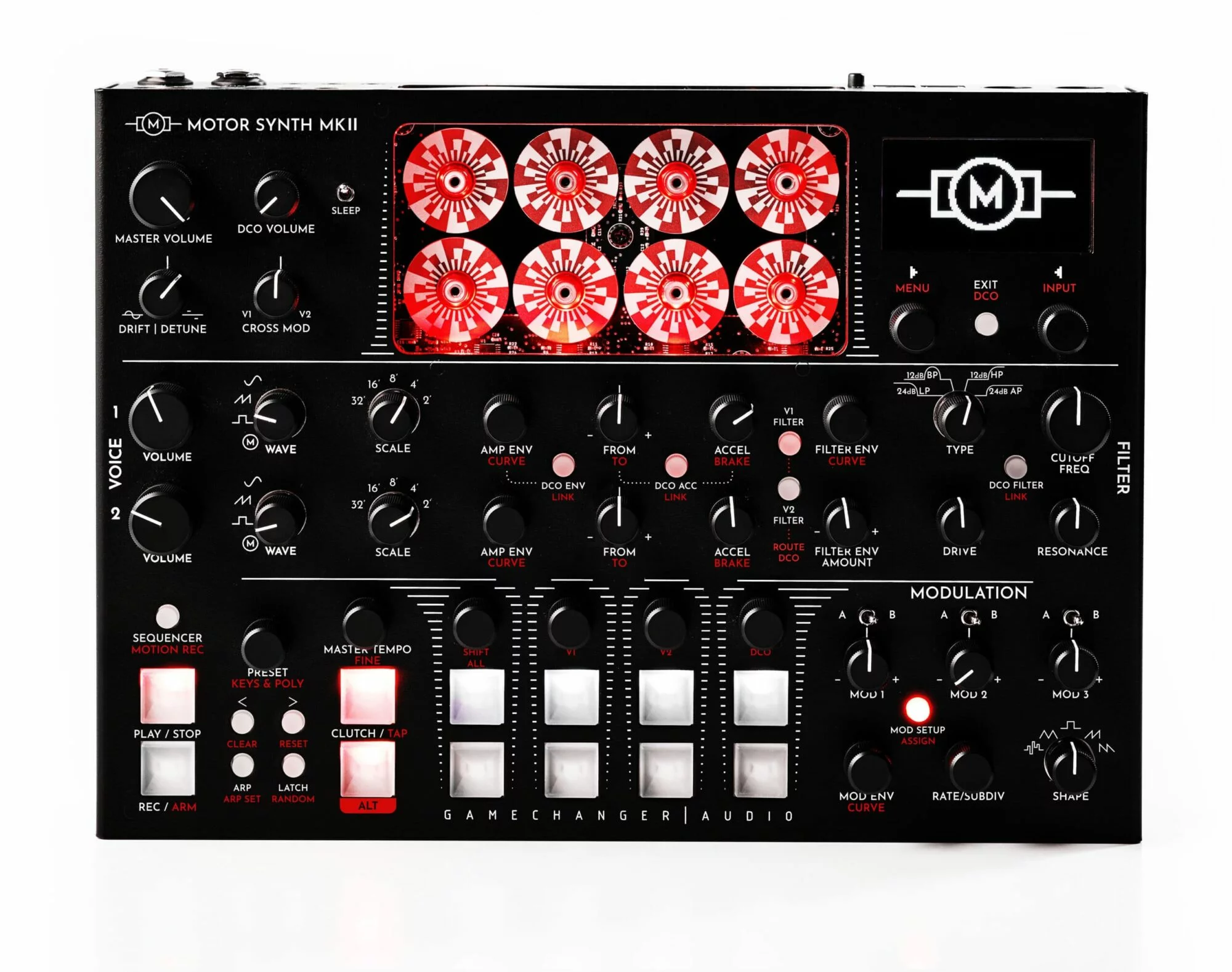 Front-facing motor synth mk 2 on white background